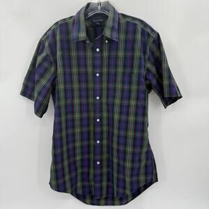 LANDS' END Mens Short Sleeve Plaid Button Up Shirt Neck 16 / US M Cotton No Iron